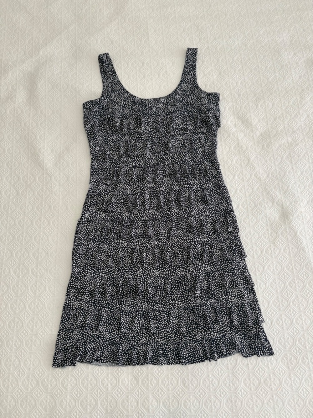 Tango Mango ChaCha Tiered Ruffle Dress NavyWhite Print Size M Travel Knee Length - Picture 2 of 8